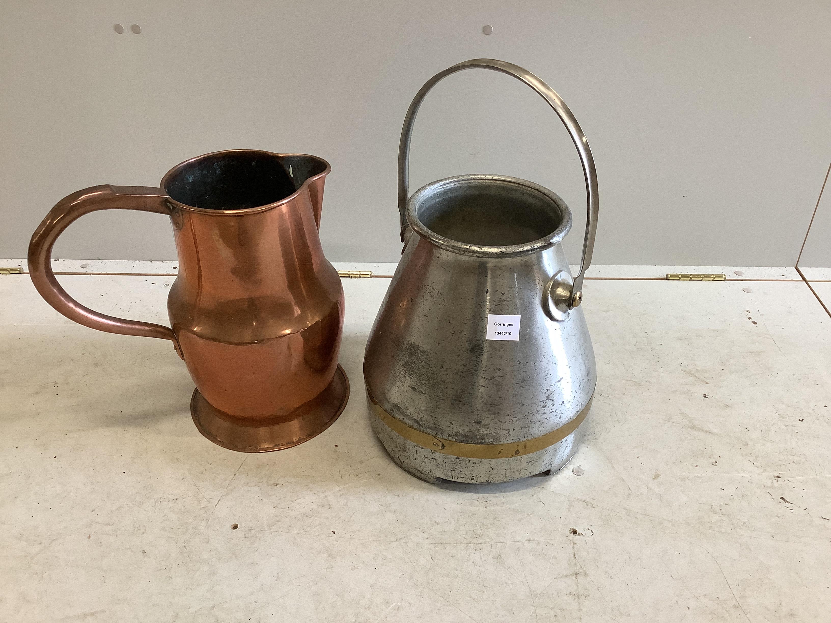 A large Victorian copper jug and an aluminium dairy bucket, larger height 40cm